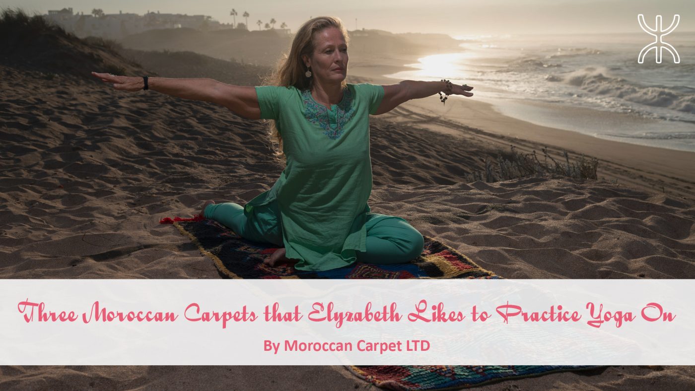 a woman sitting on a moroccan rug on a beach. 07 – Three Moroccan Carpets that Elyzabeth Likes to Practice Yoga On 01