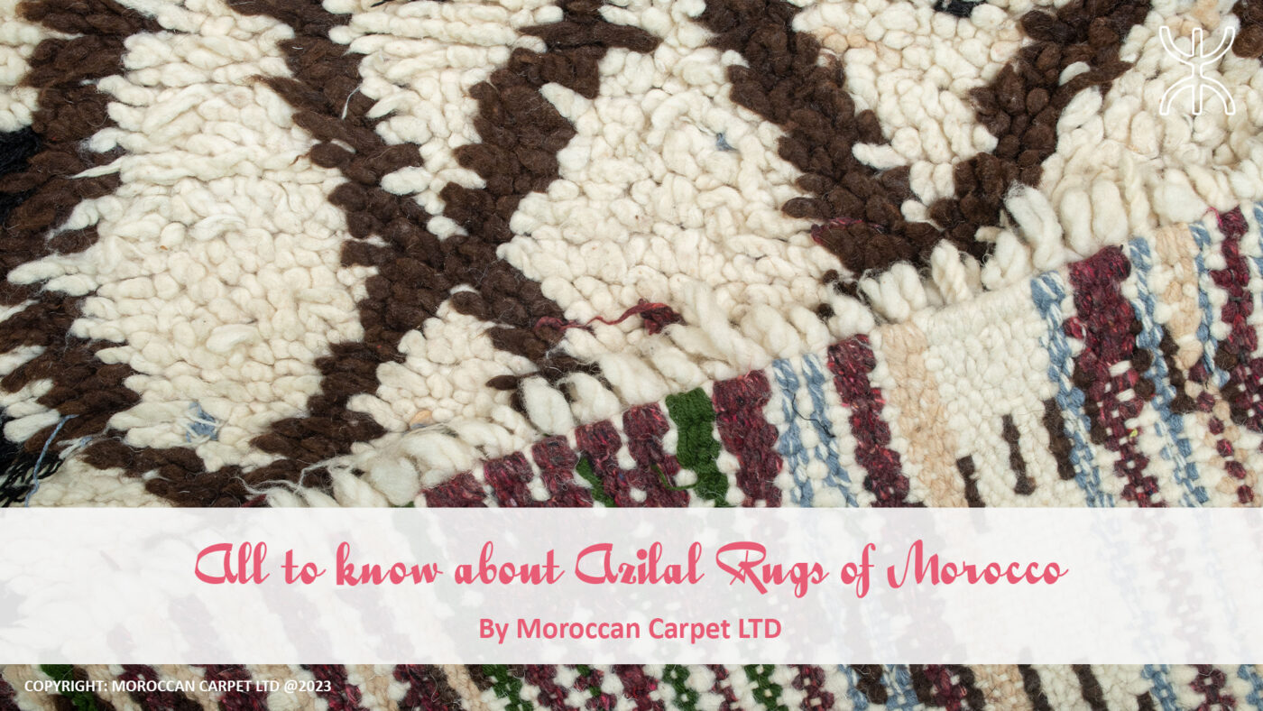 a pile of yarn with the words all over it. All to know about Azilal Rugs of Morocco 01