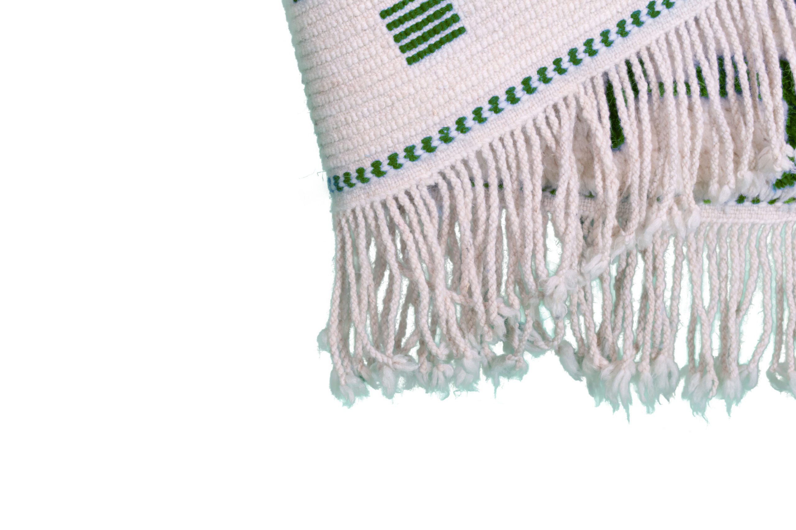 a white and green moroccan rug with fringes. VINA073 W-40_GR-10 (10)