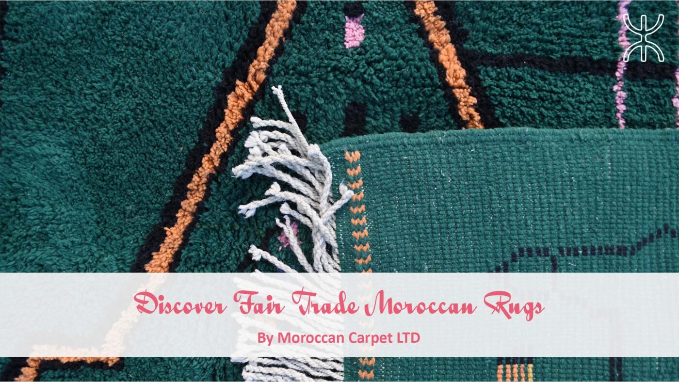 a green rug with a white fringe and a pink fringe. Discover Fair Trade Moroccan Rugs