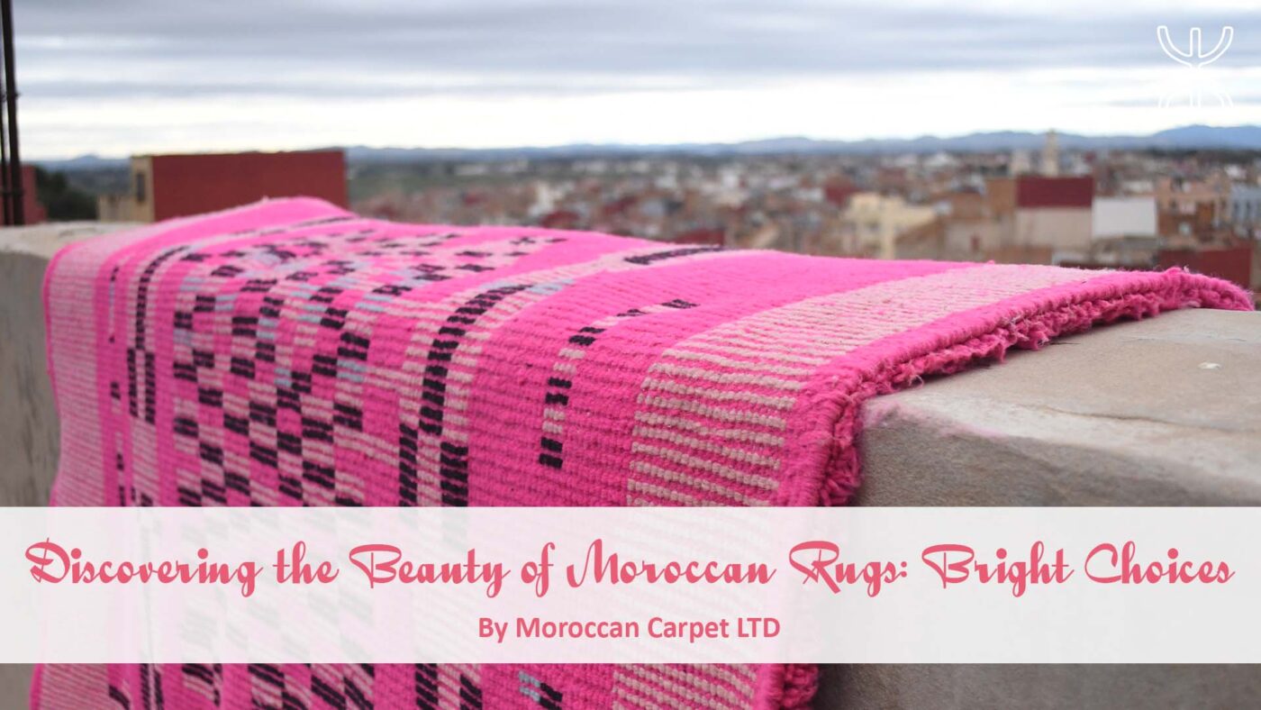 a pink moroccan rug on a wall with the words, discovering the city of barcelona in spanish. Discovering the Beauty of Moroccan Rugs Bright Choices 01