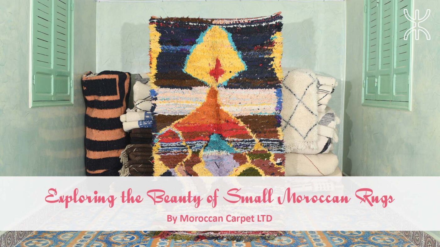 a colorful rug with a colorful pattern on it and a green chair with a colorful rug. Exploring the Beauty of Small Moroccan Rugs 01