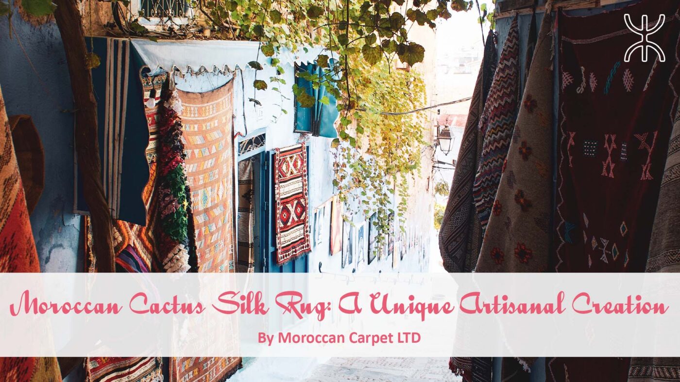 a narrow alley with a tree and a colorful rug. Moroccan Cactus Silk Rug A Unique Artisanal Creation