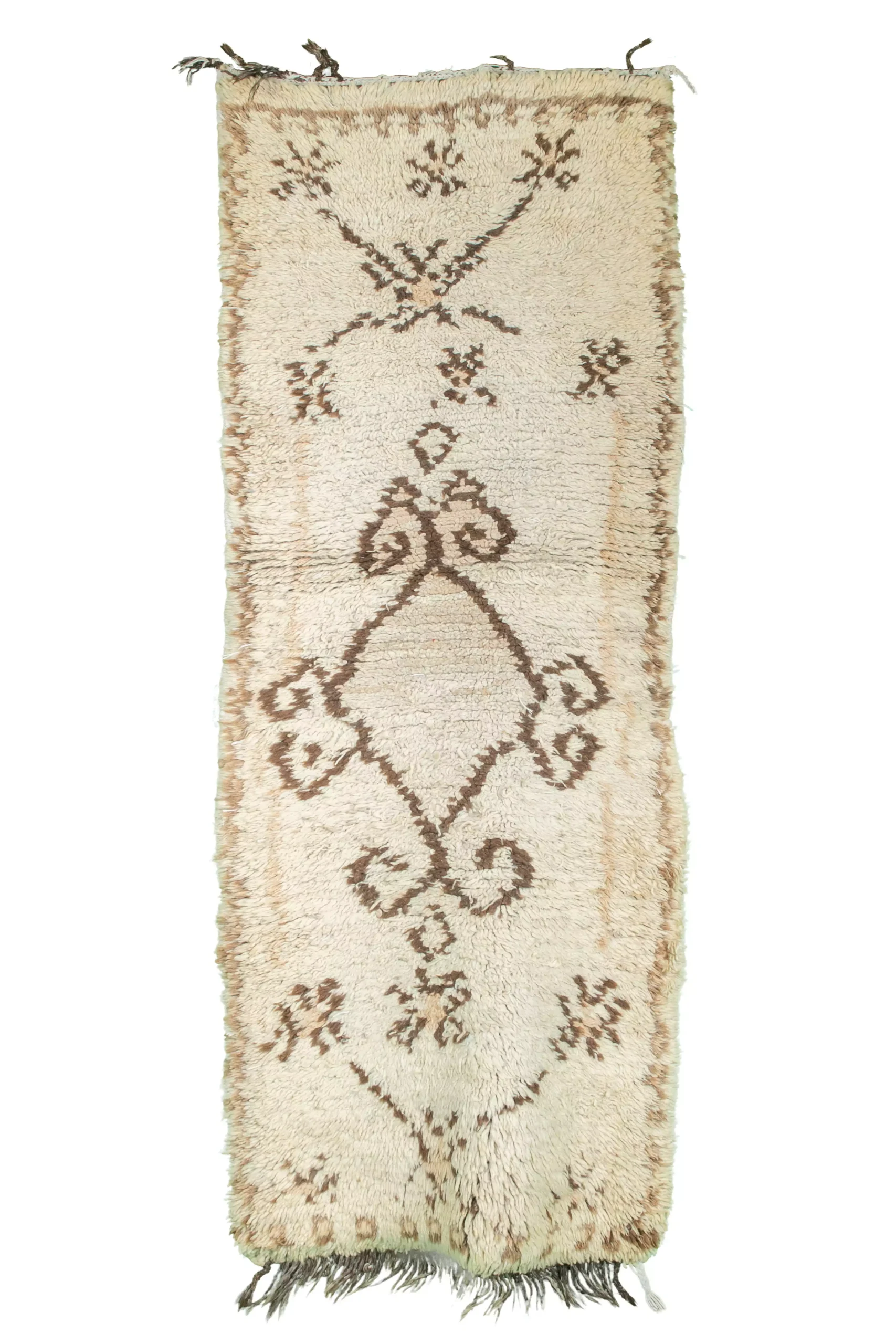 白い装飾が施されたヴィンテージ・ブーシュルイット・ラグ