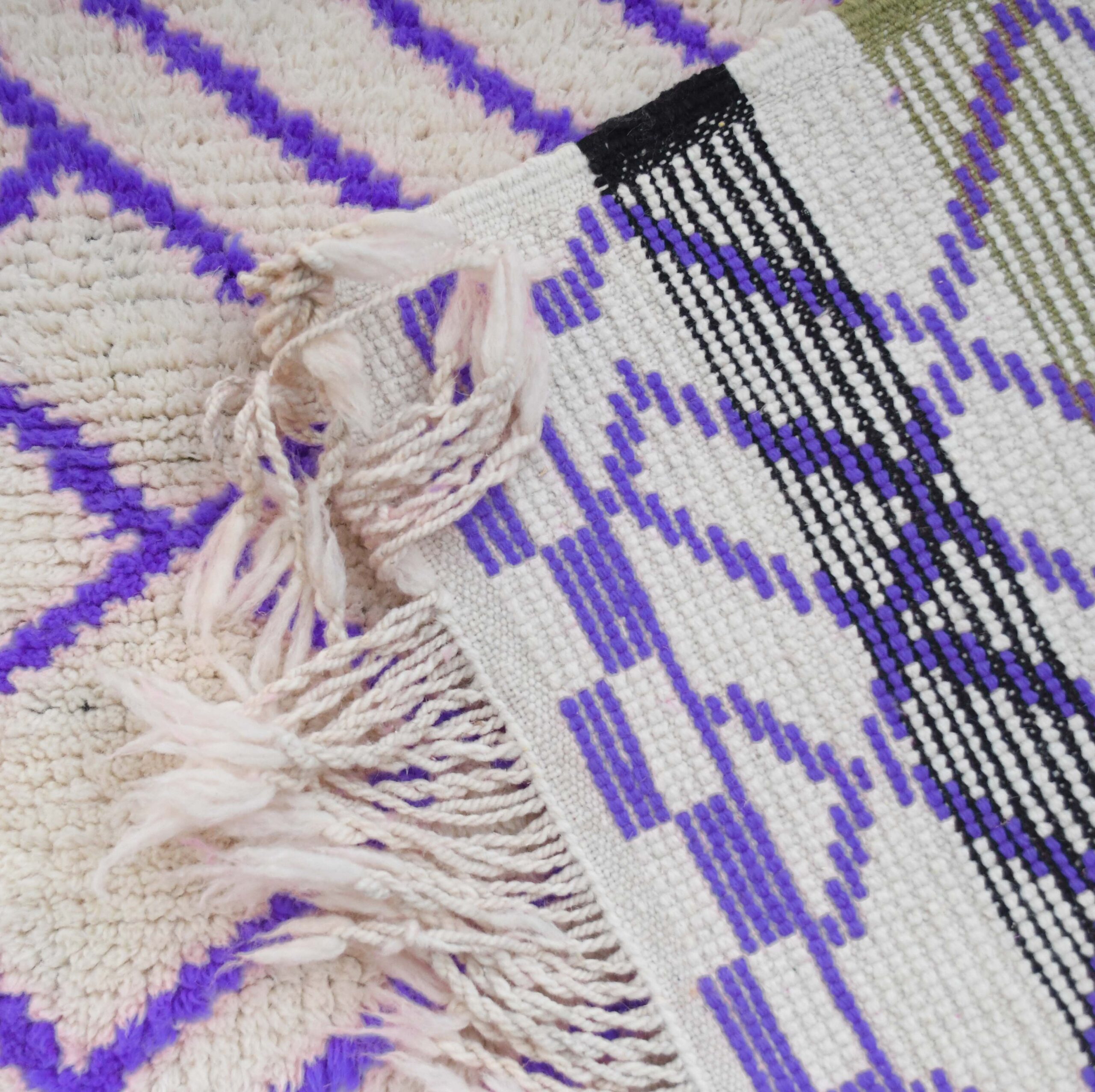 a close up of a moroccan rug with purple and white stripes. VIN311_W-40_PR-19_BK-39_GR-13_04