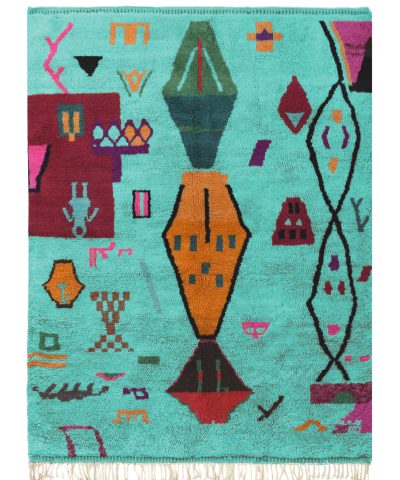 a turquoise colored rug with a pattern of geometric shapes. VIN312_BL-09_GR2-97_GR-11_OR-24_PN-35_PN-33_BL-09_BR-302_BR-32_BR-28_PR-19_GY_37_BK-39_01.1