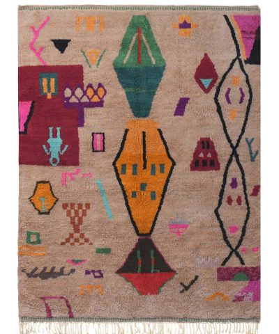 a rug with colorful geometric designs. VIN312_CR-01_GR2-97_GR-11_OR-24_PN-35_PN-33_BL-09_BR-302_BR-32_BR-28_PR-19_GY_37_BK-39_01.1