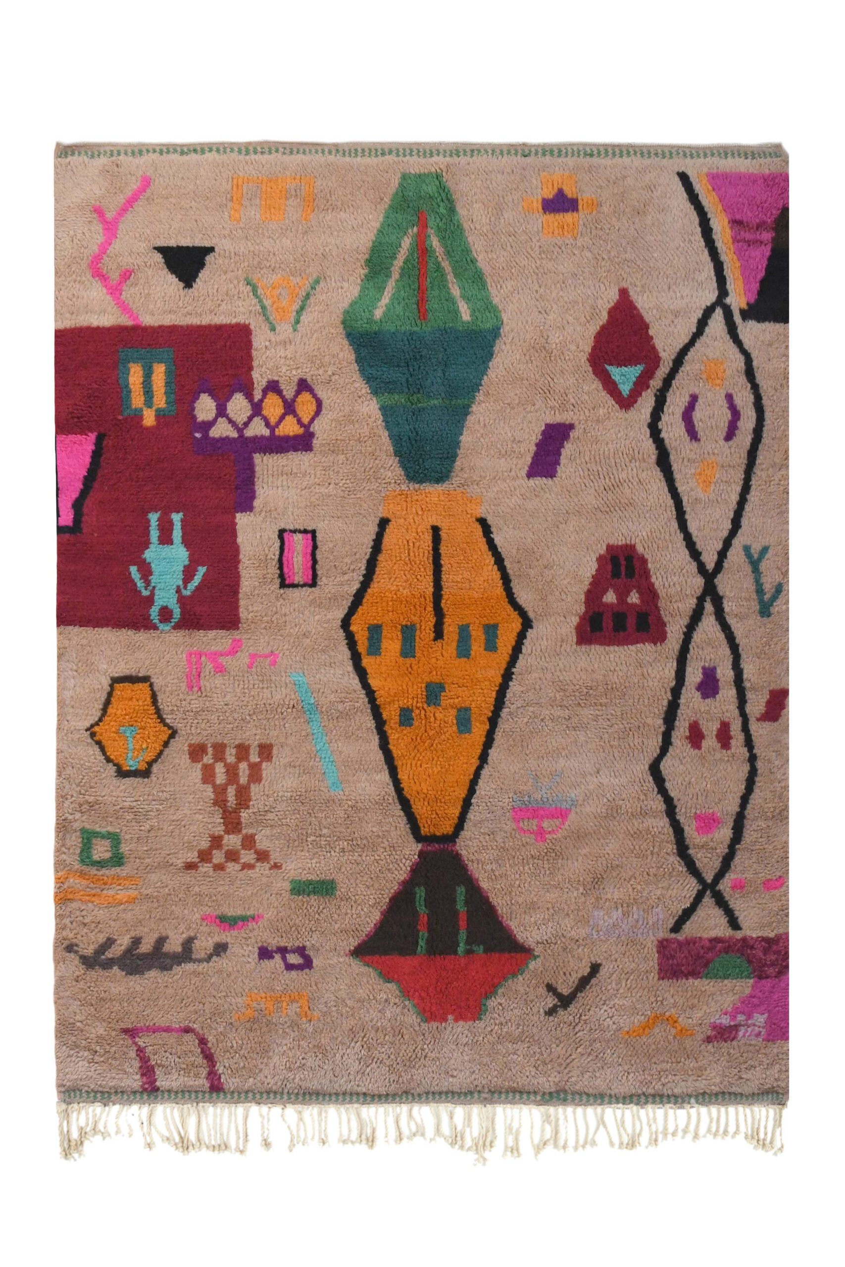 a rug with colorful geometric designs. VIN312_CR-01_GR2-97_GR-11_OR-24_PN-35_PN-33_BL-09_BR-302_BR-32_BR-28_PR-19_GY_37_BK-39_01.1