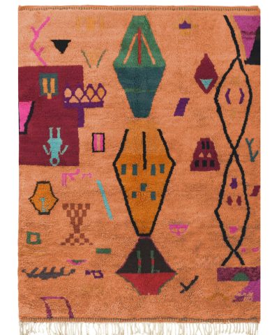 a rug with colorful geometric designs. VIN312_OR-26_GR2-97_GR-11_OR-24_PN-35_PN-33_BL-09_BR-302_BR-32_BR-28_PR-19_GY_37_BK-39_01.1