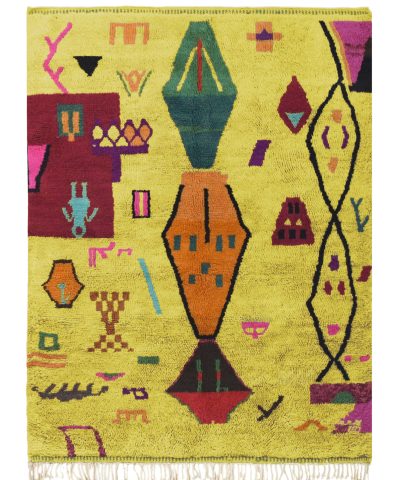 a yellow rug with colorful geometric designs. VIN312_YL-15_GR2-97_GR-11_OR-24_PN-35_PN-33_BL-09_BR-302_BR-32_BR-28_PR-19_GY_37_BK-39_01.1