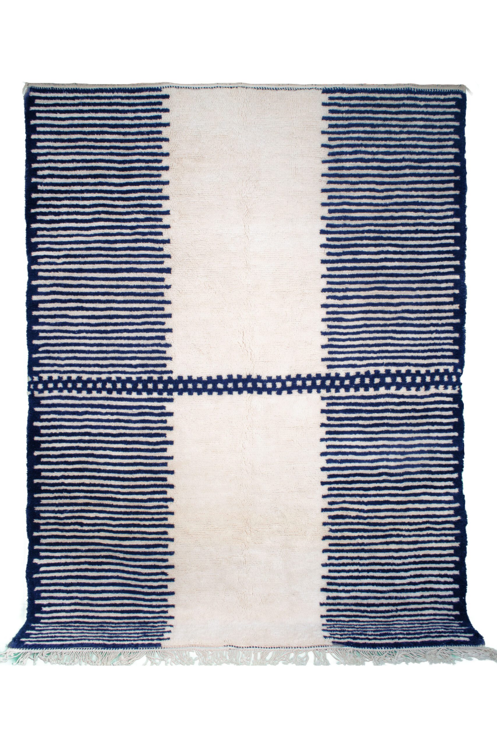 a blue and white striped rug with fringe fringes. VINA034-W-40_BL-01 (1)