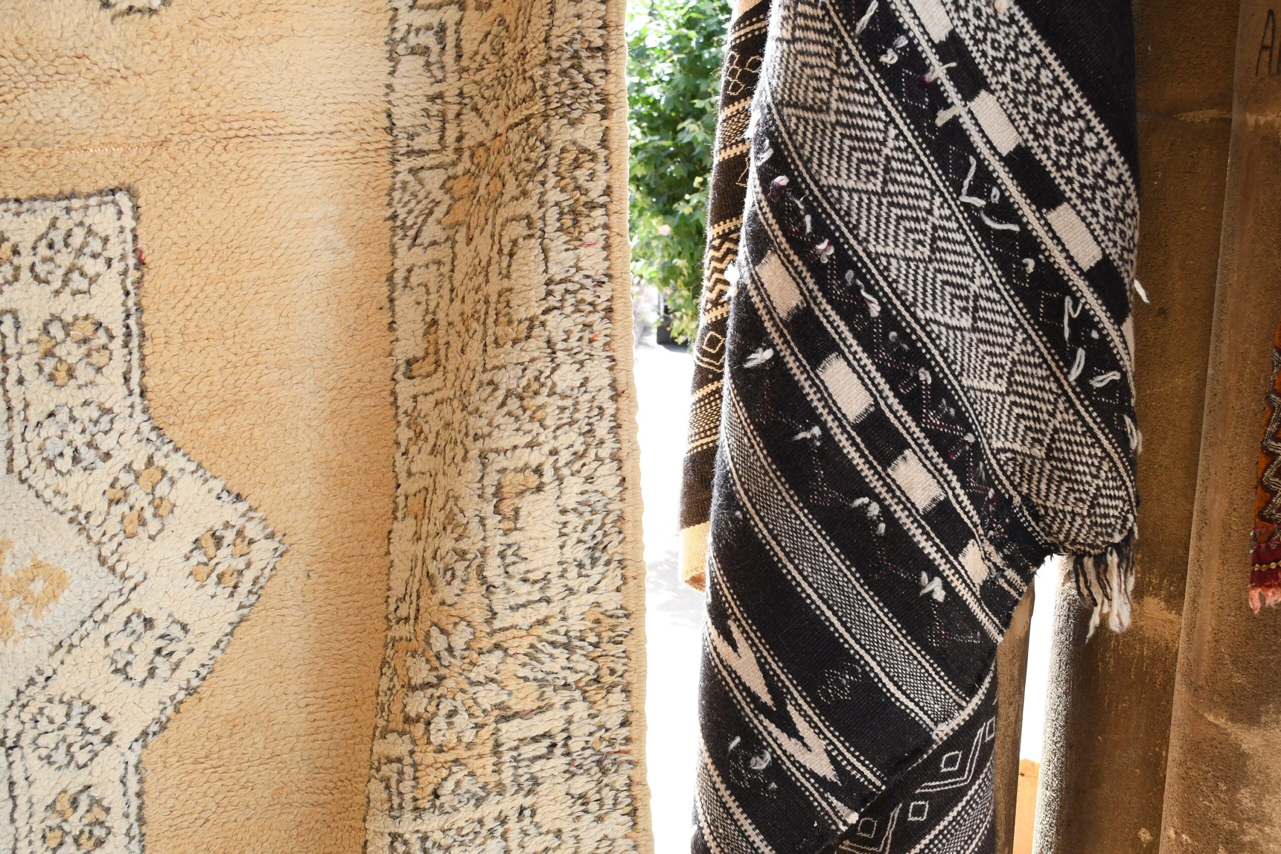 a woman standing in front of a wall covered in a moroccan rug. il_fullxfull.6025856654_1168.jpg