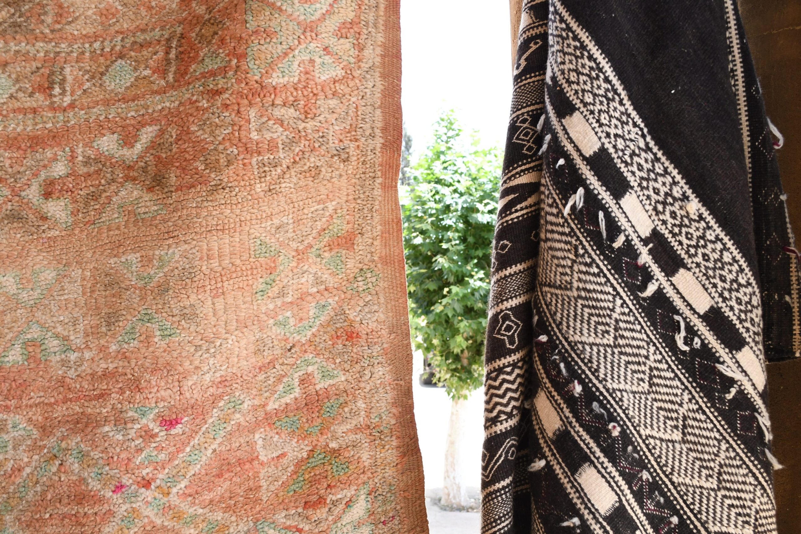 a moroccan rug hanging on a wall next to a plant. il_fullxfull.6065519323_696x.jpg