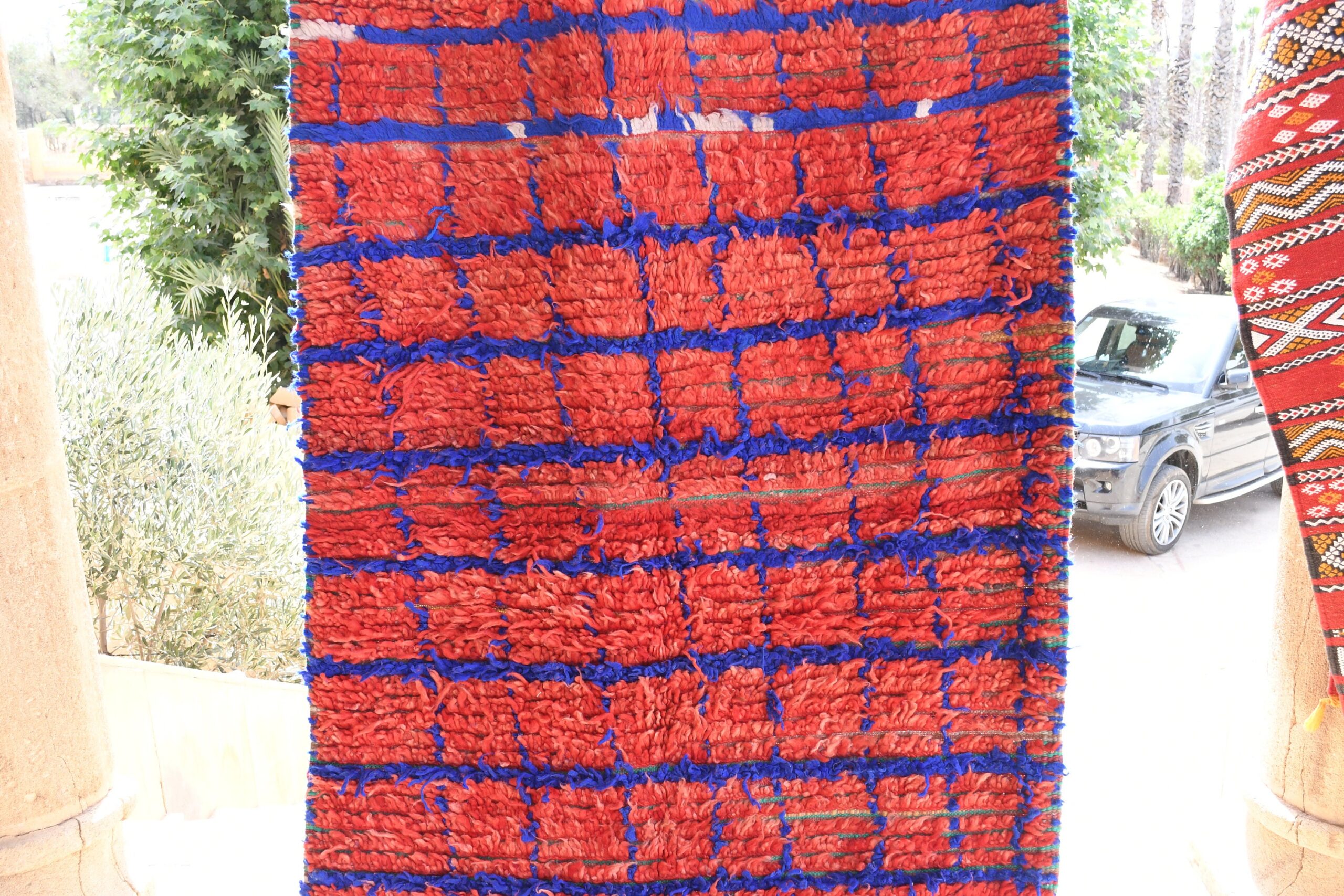 a red and blue rug hanging on a wall. il_fullxfull.6076178401_aavf.jpg