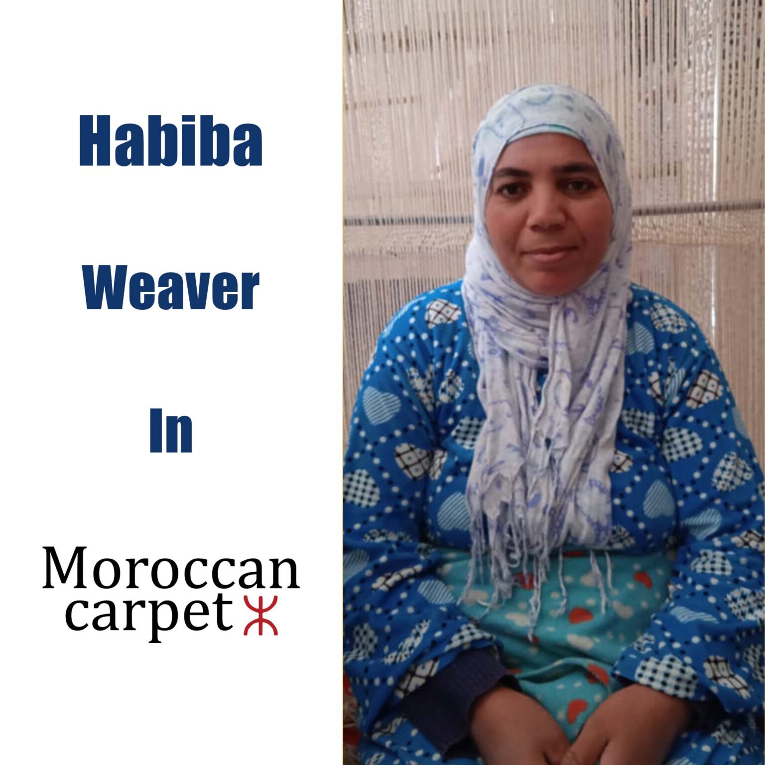 a woman in a blue and white patterned dress sitting on a chair. Habiba B Moroccan Carpet