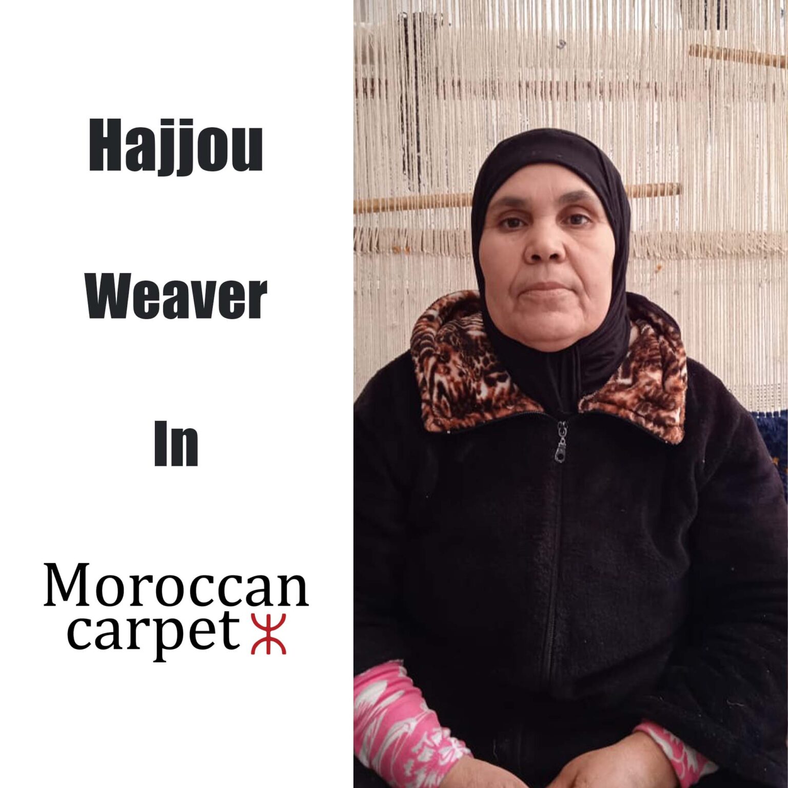 a woman in a black jacket and moroccan rug sitting on a couch. Hajjou Moroccan Carpet