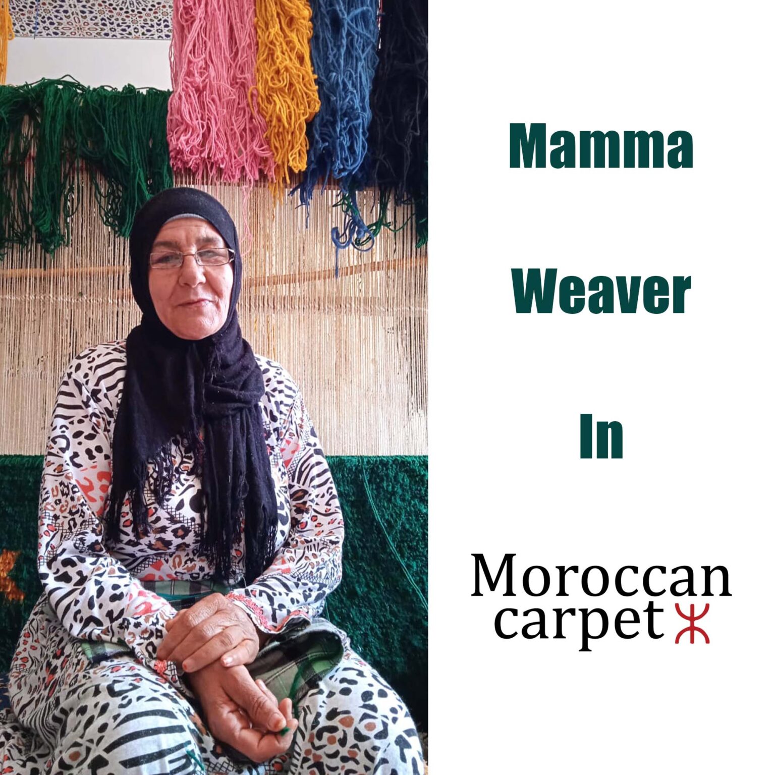 a woman sitting on the ground with a moroccan rug around her neck. Mamma Moroccan Carpet