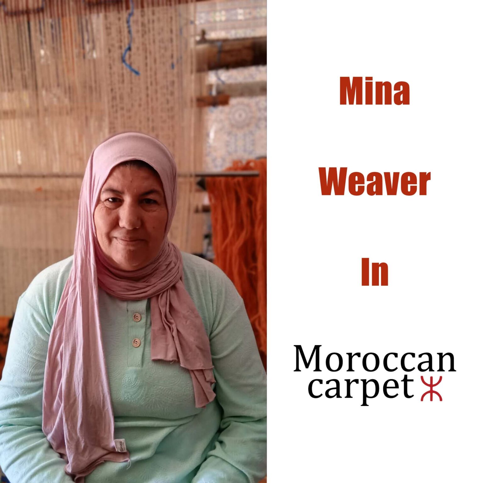 a woman in a pink moroccan rug sits in front of a white background. Mina Moroccan Carpet
