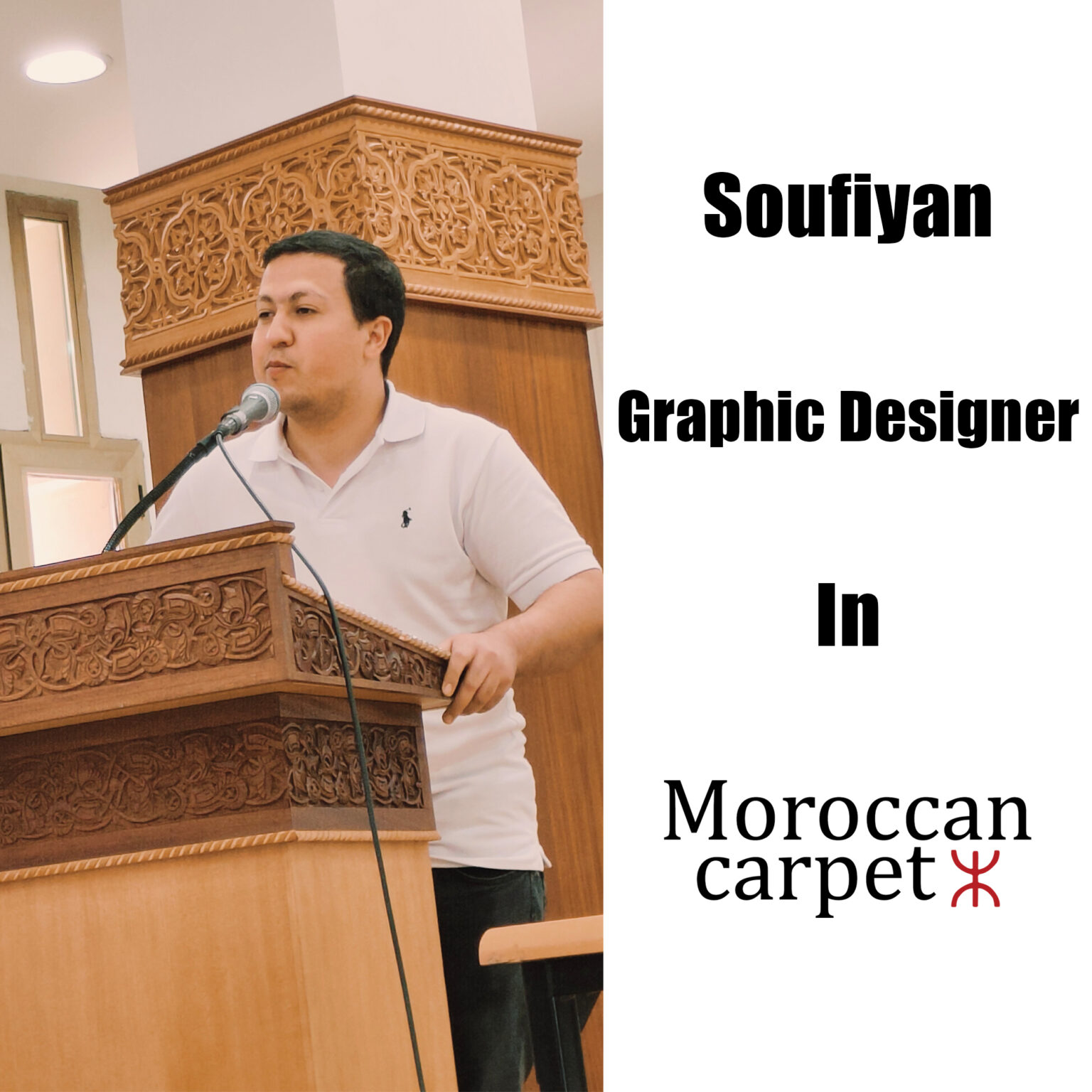 a man standing at a podium with a microphone. Soufiyan Moroccan Carpet1
