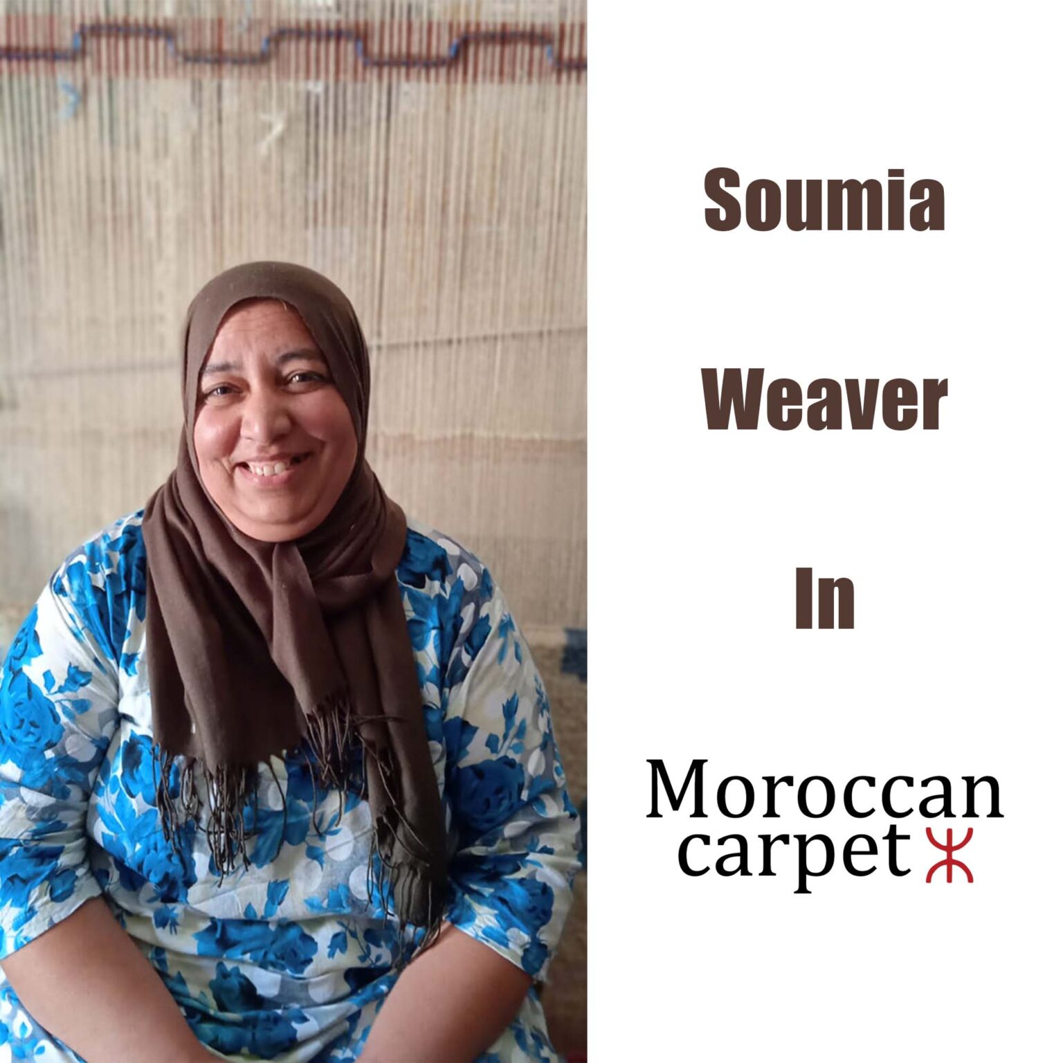 a woman in a blue and white dress sitting on a chair. Soumia Moroccan Carpet