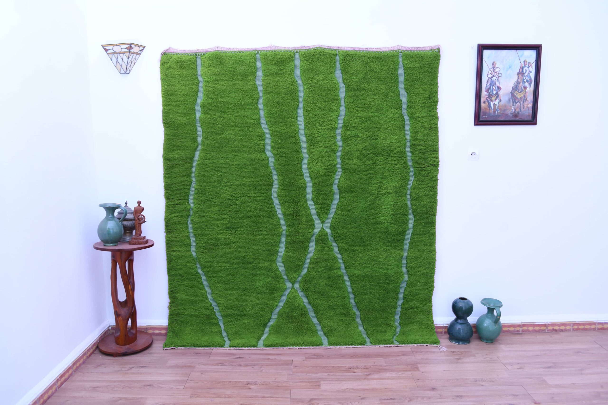 Handmade Green Moroccan Mrirt Wool Rug 200x300cm - Elegant Minimalist Design
