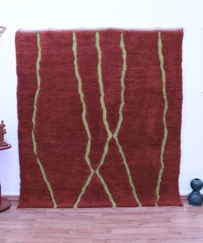 Handmade Dark Red Mrirt Moroccan Wool Rug 200x300cm - Elegant Green Accents