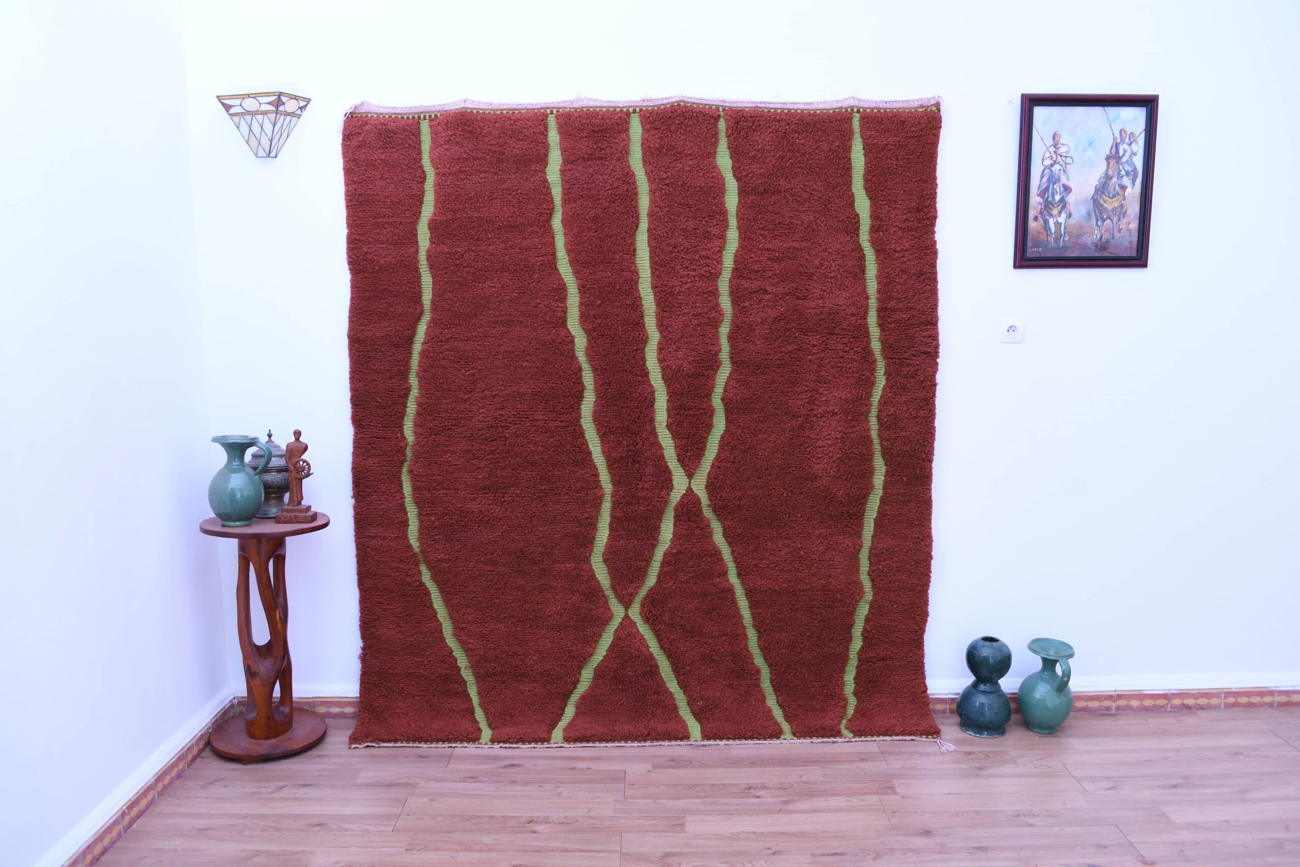 Handmade Dark Red Mrirt Moroccan Wool Rug 200x300cm - Elegant Green Accents