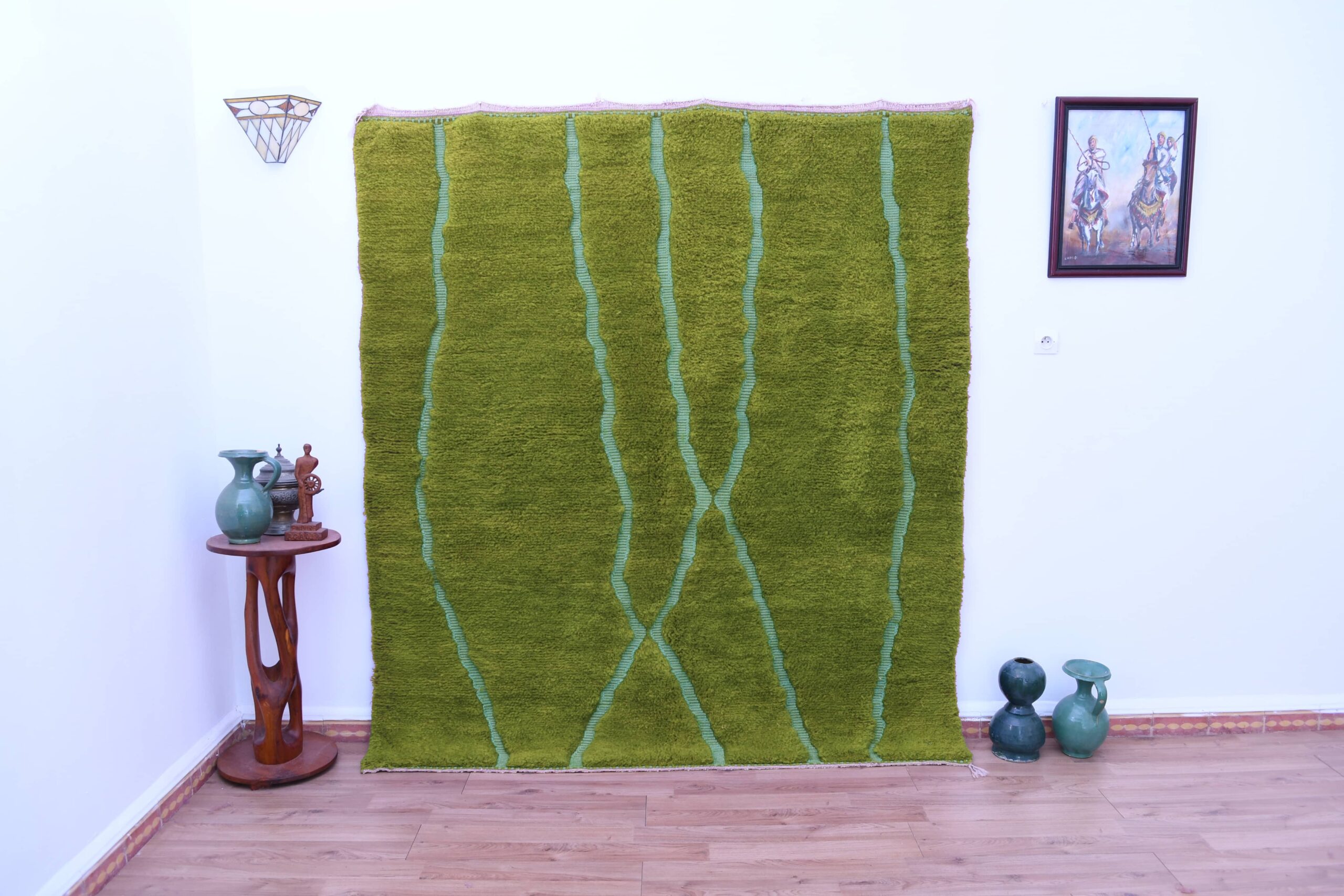 Handmade Olive Green Moroccan Mrirt Wool Rug 200x300 cm - Elegant Minimalist Design