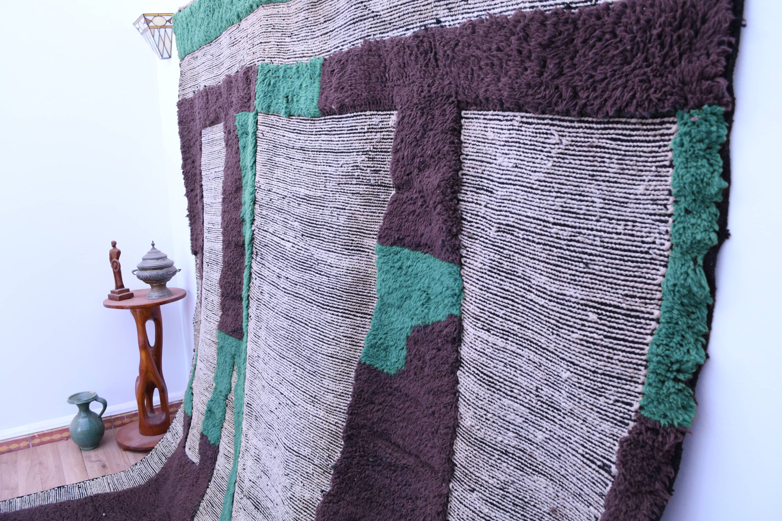 Handmade Moroccan Mrirt Wool Rug 200x300 cm - White, Brown, Turquoise Geometric Design - Image 3