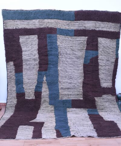 Authentic Moroccan Mrirt Wool Rug 200x300cm - Geometric Pattern in White, Brown, Blue