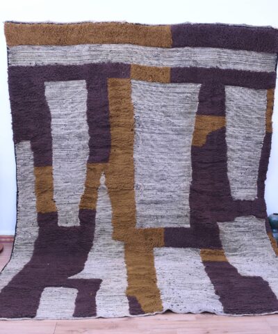 Handmade Mrirt Moroccan Rug 200x300 cm - Geometric Abstract Design, White & Brown