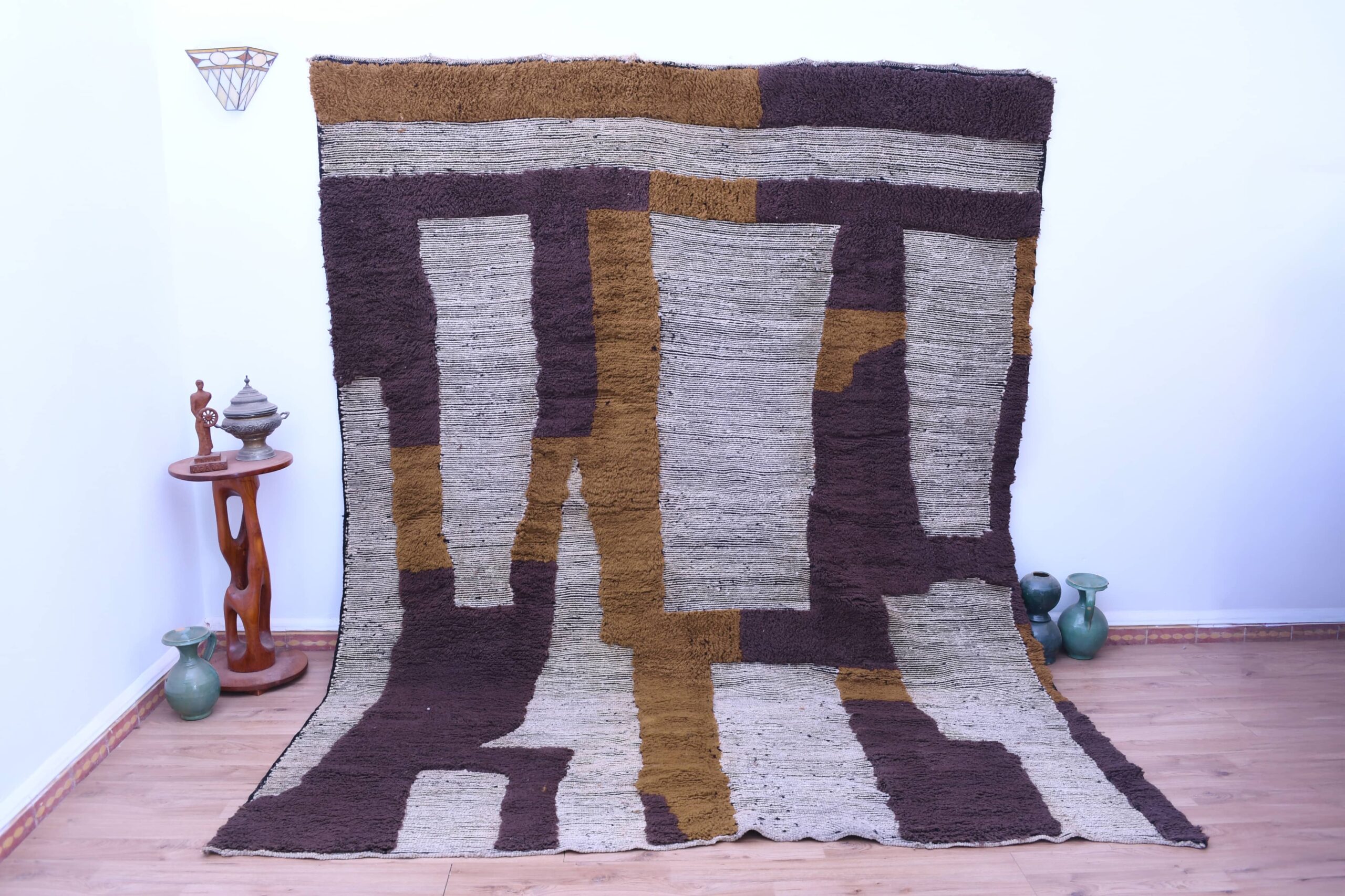 Handmade Mrirt Moroccan Rug 200x300 cm - Geometric Abstract Design, White & Brown