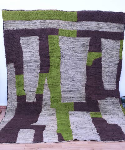 Stunning 200x300cm Moroccan Mrirt Wool Rug - White, Brown & Green Abstract Design
