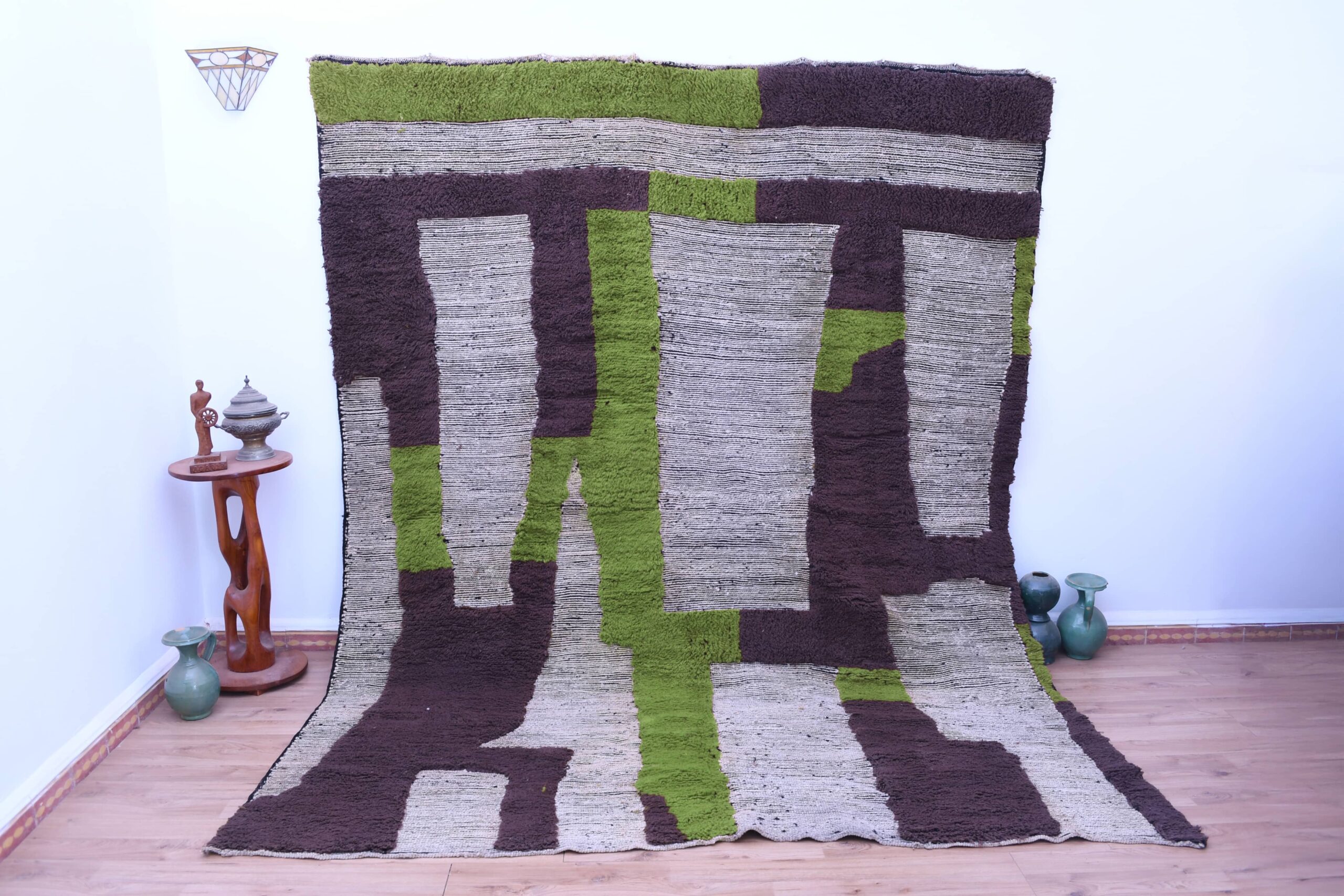 Stunning 200x300cm Moroccan Mrirt Wool Rug - White, Brown & Green Abstract Design